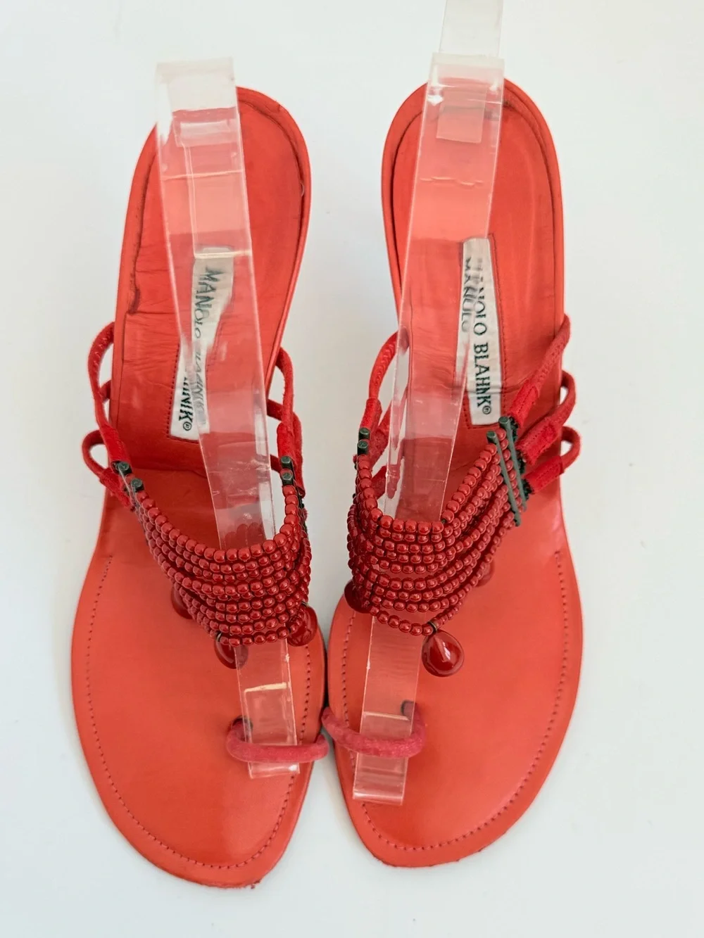 Rare Vintage Manolo Blahnik Red Beaded Toe Loop Heeled Sandals Y2K 40